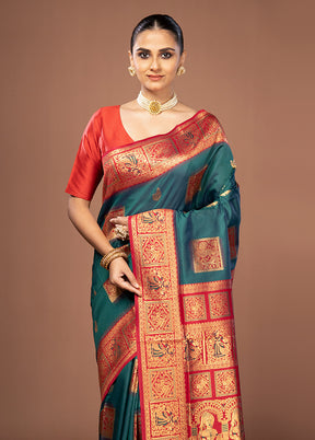 Green Dupion Silk Saree With Blouse Piece