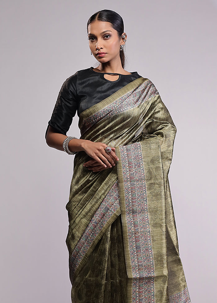 Green Tussar Silk Saree With Blouse Piece