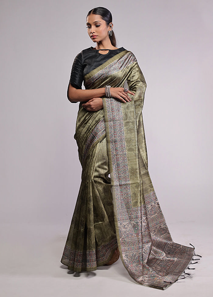 Green Tussar Silk Saree With Blouse Piece