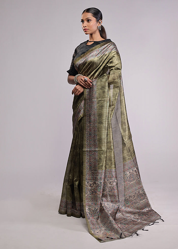 Green Tussar Silk Saree With Blouse Piece