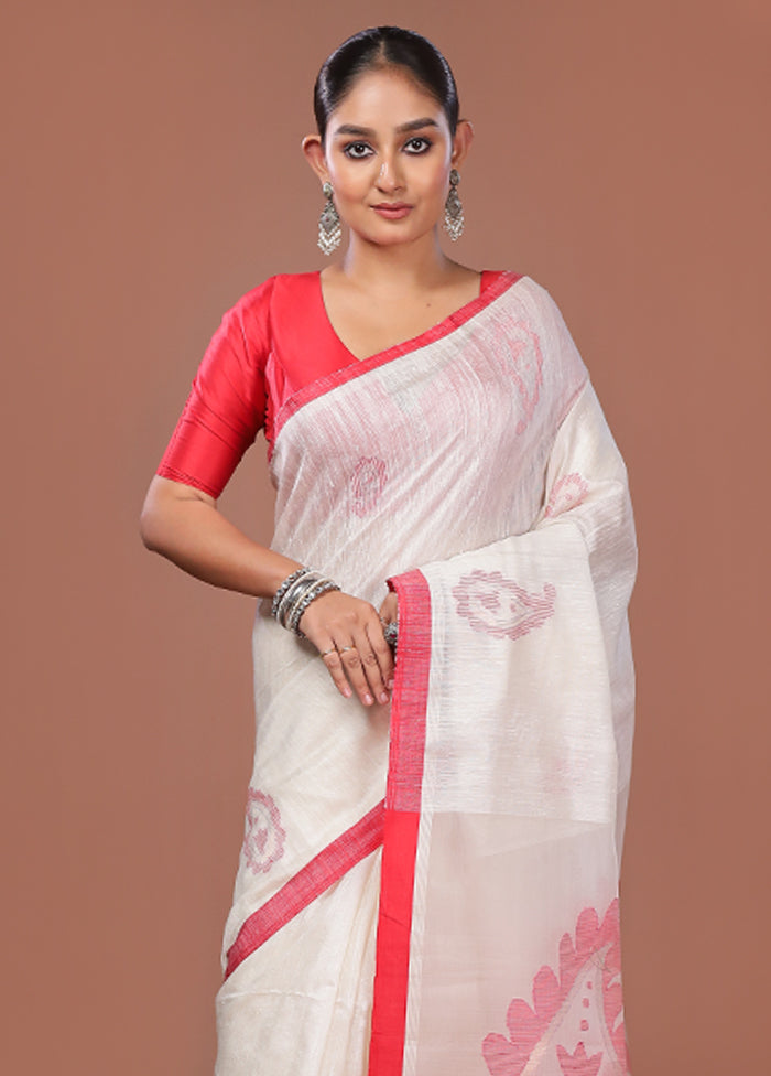 White Matka Pure Silk Saree With Blouse Piece