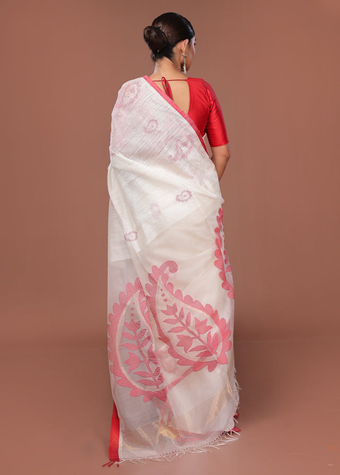 White Matka Pure Silk Saree With Blouse Piece