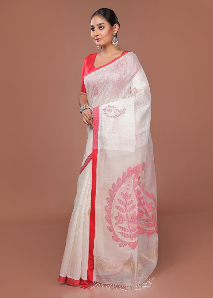 White Matka Pure Silk Saree With Blouse Piece