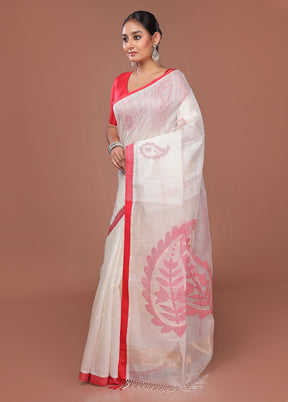 White Matka Pure Silk Saree With Blouse Piece