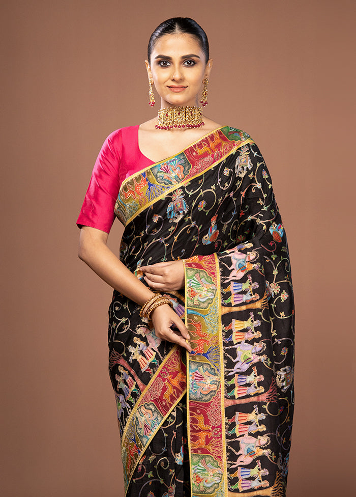 Black Dupion Pure Silk Saree With Blouse Piece