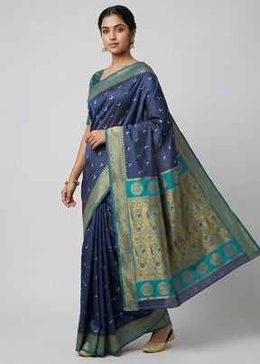 Blue Dupion Silk Saree With Blouse Piece