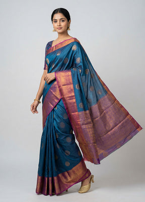 Blue Dupion Silk Saree With Blouse Piece