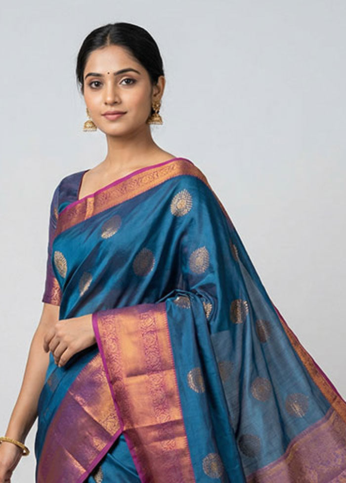 Blue Dupion Silk Saree With Blouse Piece