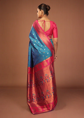 Blue Dupion Silk Saree With Blouse Piece