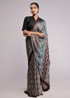 Blue Printed Silk Saree With Blouse Piece