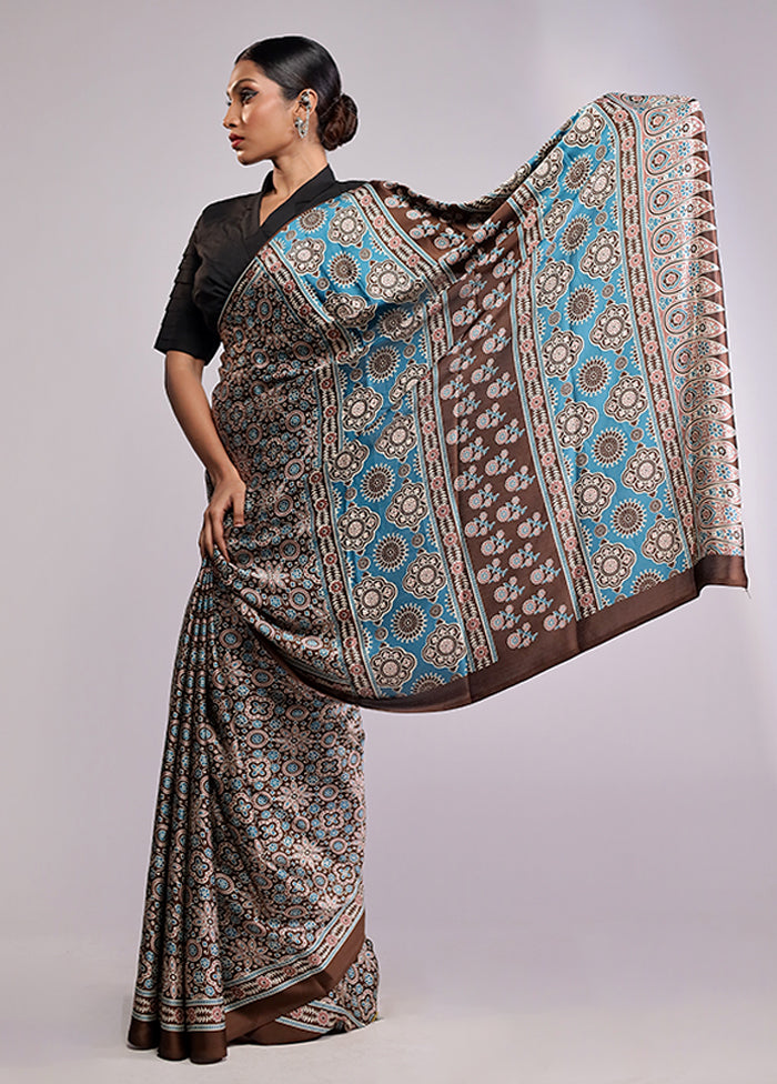 Blue Printed Silk Saree With Blouse Piece