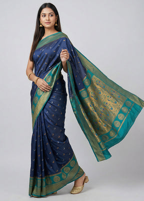 Blue Dupion Silk Saree With Blouse Piece
