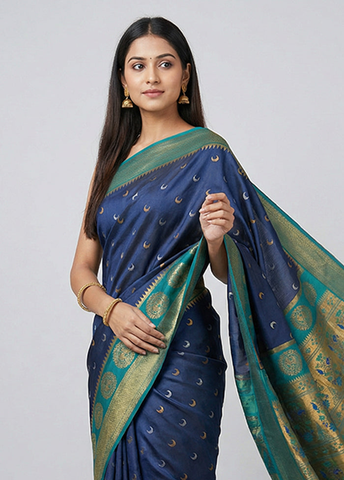 Blue Dupion Silk Saree With Blouse Piece