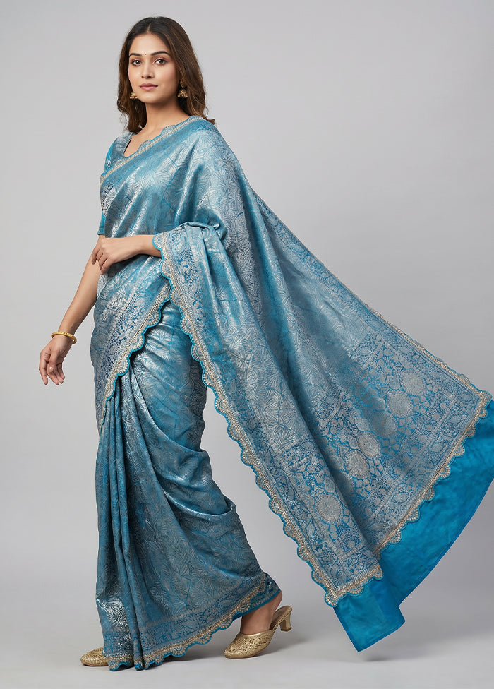 Blue Dupion Silk Saree With Blouse Piece