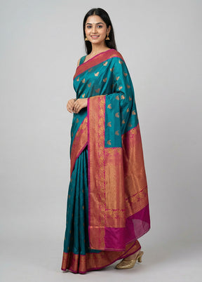 Blue Dupion Silk Saree With Blouse Piece