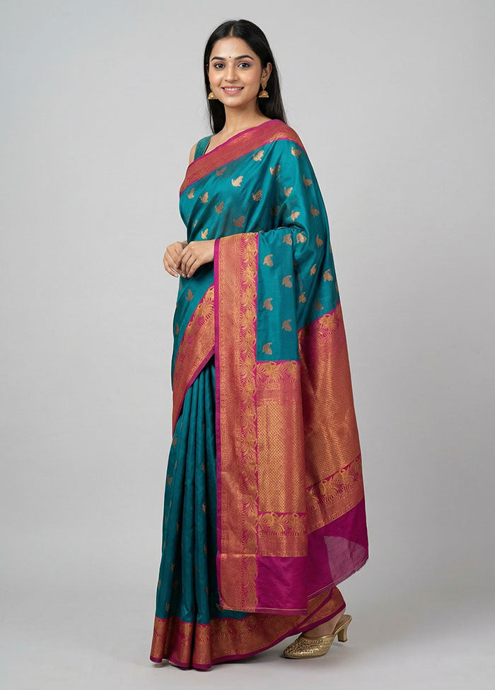 Blue Dupion Silk Saree With Blouse Piece