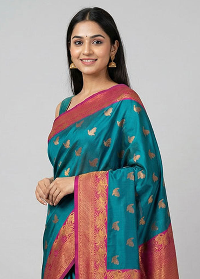 Blue Dupion Silk Saree With Blouse Piece