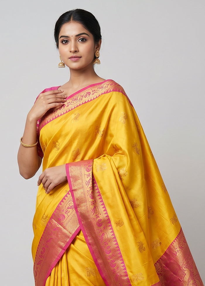Yellow Dupion Silk Saree With Blouse Piece