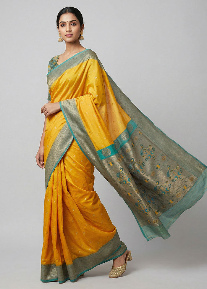 Yellow Dupion Silk Saree With Blouse Piece