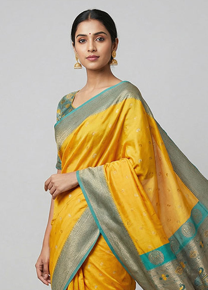 Yellow Dupion Silk Saree With Blouse Piece