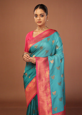 Blue Dupion Silk Saree With Blouse Piece