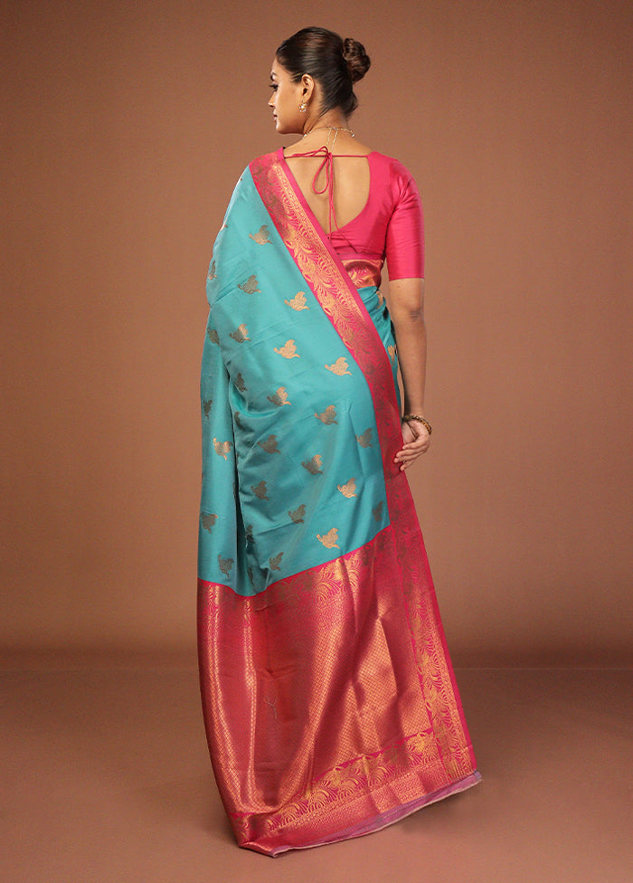 Blue Dupion Silk Saree With Blouse Piece
