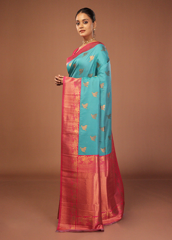 Blue Dupion Silk Saree With Blouse Piece