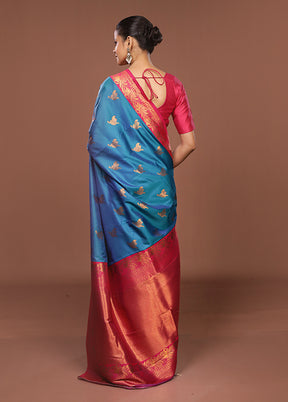 Blue Dupion Silk Saree With Blouse Piece