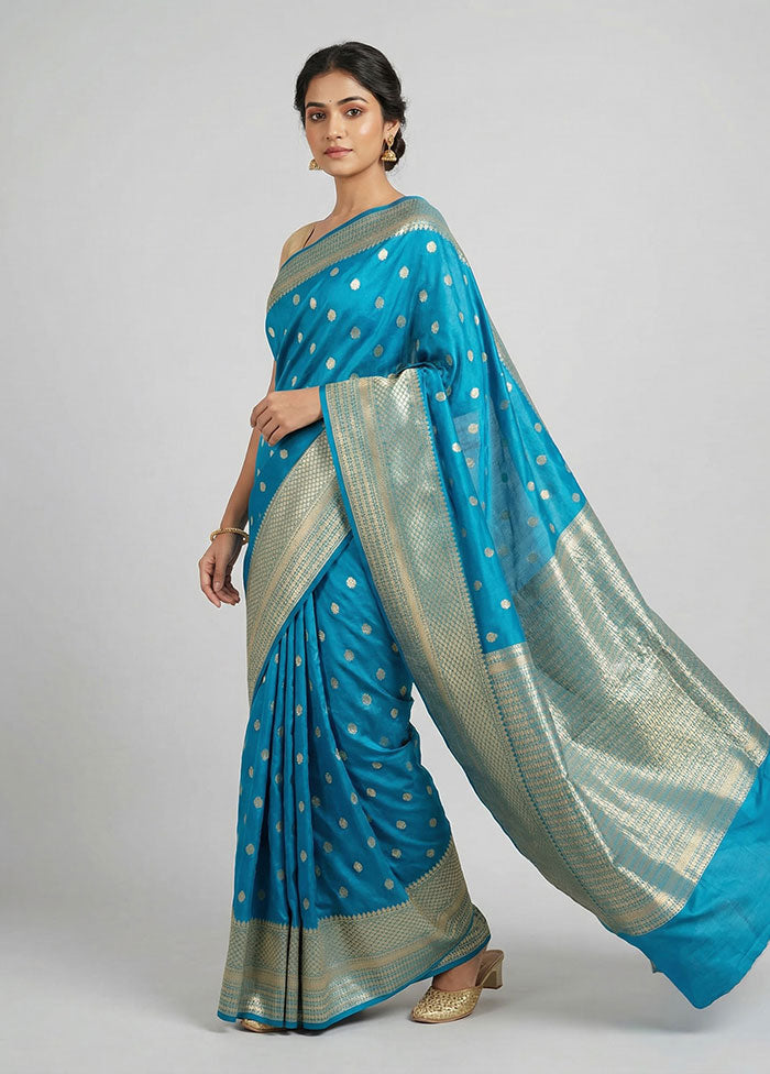 Blue Dupion Silk Saree With Blouse Piece