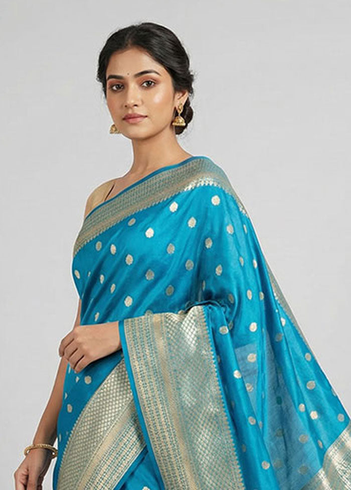 Blue Dupion Silk Saree With Blouse Piece