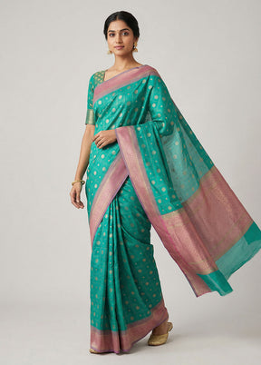 Green Dupion Silk Saree With Blouse Piece