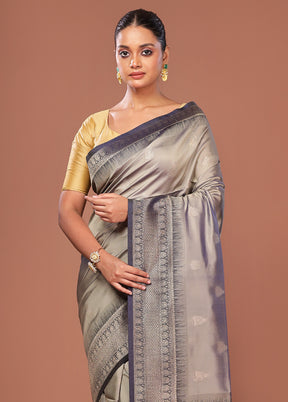 Grey Dupion Silk Saree With Blouse Piece
