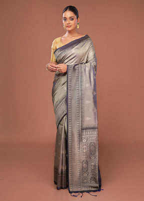 Grey Dupion Silk Saree With Blouse Piece
