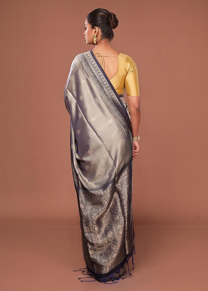 Grey Dupion Silk Saree With Blouse Piece