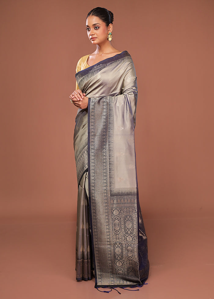 Grey Dupion Silk Saree With Blouse Piece