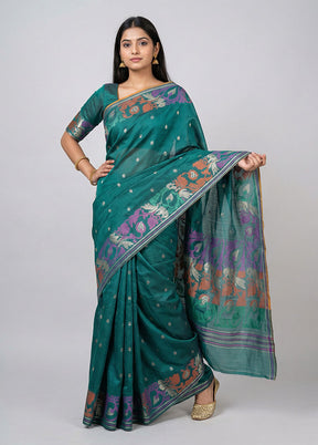 Green Dupion Silk Saree With Blouse Piece
