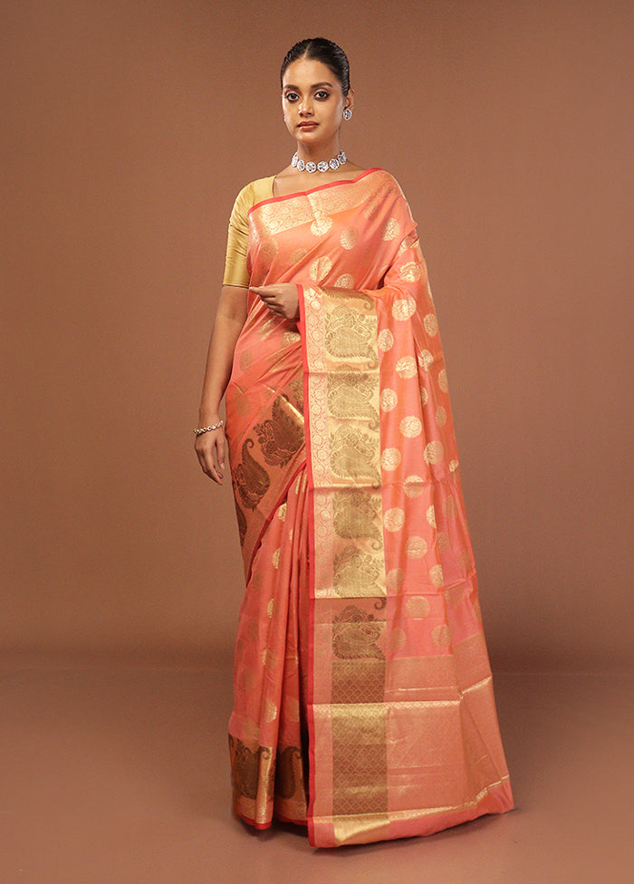 Peach Kora Silk Saree With Blouse Piece