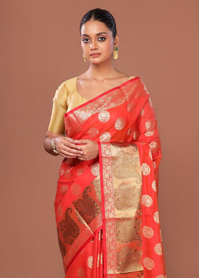 Red Kora Silk Saree With Blouse Piece