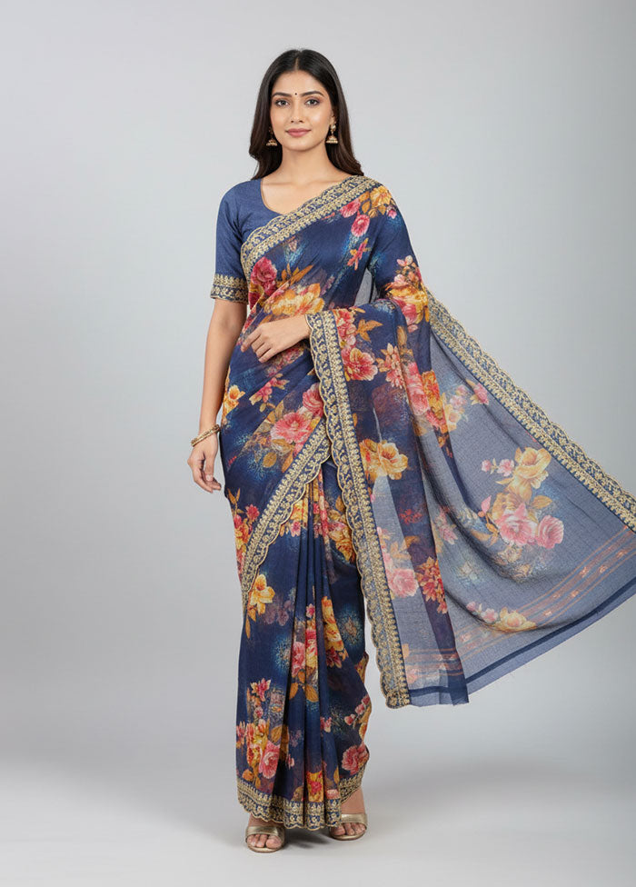 Blue Georgette Saree With Blouse Piece