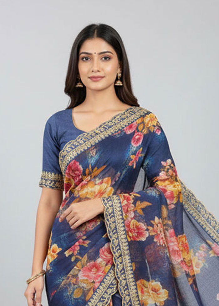Blue Georgette Saree With Blouse Piece