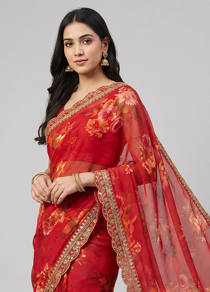 Red Georgette Saree With Blouse Piece