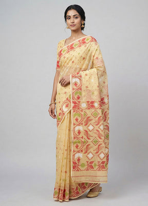 Yellow Jamdani Cotton Saree Without Blouse Piece