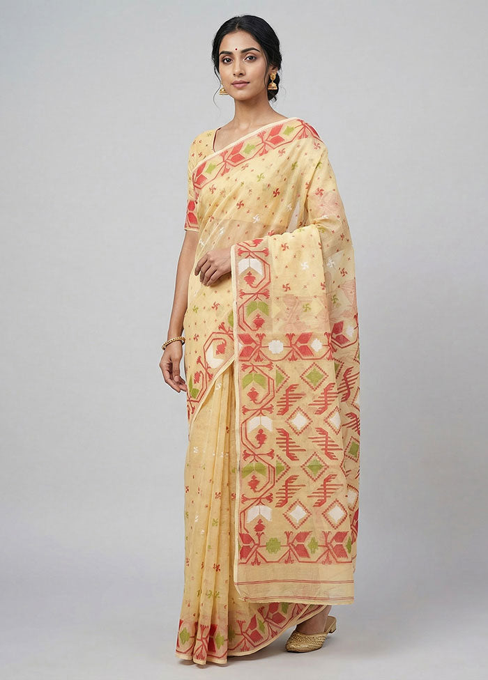 Yellow Jamdani Cotton Saree Without Blouse Piece