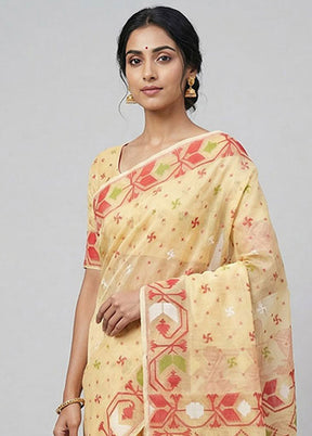 Yellow Jamdani Cotton Saree Without Blouse Piece