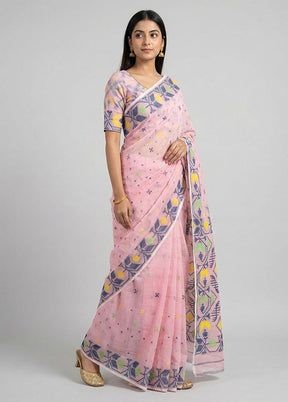 Pink Jamdani Cotton Saree Without Blouse Piece