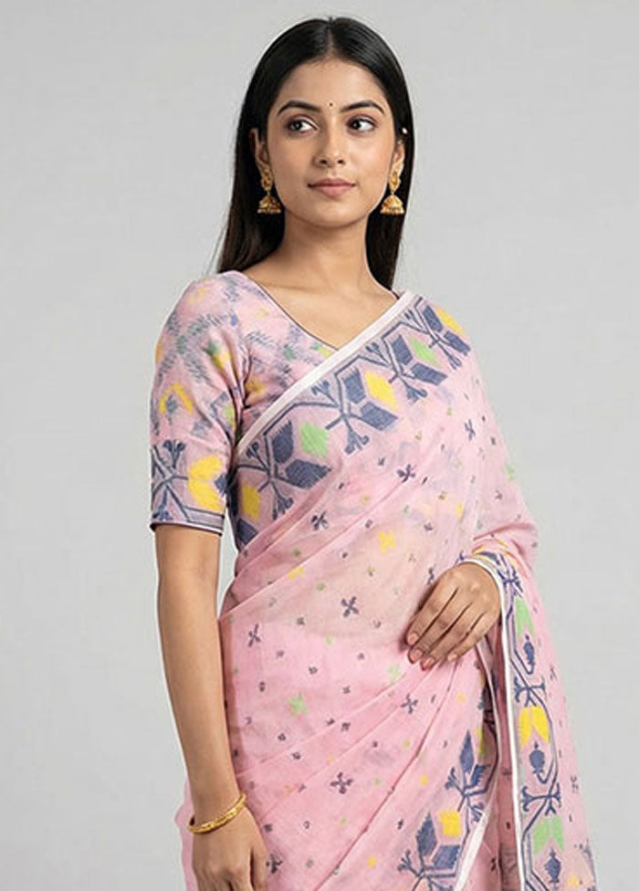 Pink Jamdani Cotton Saree Without Blouse Piece