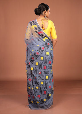Blue Jamdani Cotton Saree Without Blouse Piece