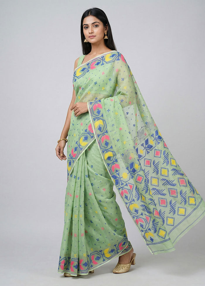 Green Jamdani Cotton Saree Without Blouse Piece