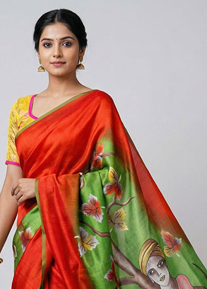 Green Printed Pure Silk Saree Without Blouse Piece