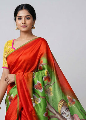 Green Printed Pure Silk Saree Without Blouse Piece